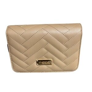 Bebe Sophia Quilted Chevron Flap Wallet Crossbody Bag Taupe Gold Chain New